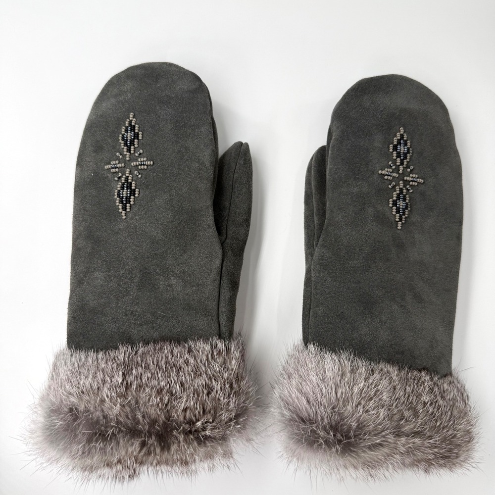 Manitobah Mukluks Mittens Womens S Grey Beaded Rabbit Fur Suede Leather